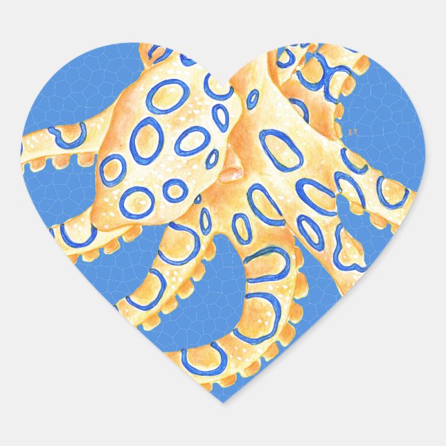 Blue Octopus Stained Glass Heart Sticker (Front)
