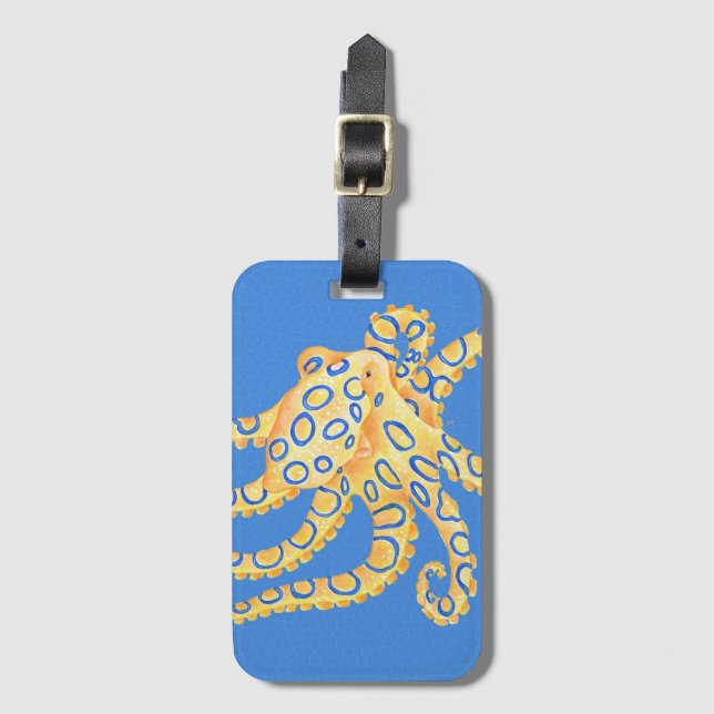 Blue Octopus Stained Glass Luggage Tag (Front Vertical)
