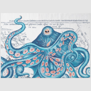 Blue Octopus Tentacle Vintage Map White Art Tissue Paper
