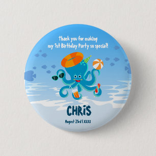  Blue Octopus Under the Sea Boy Birthday Party 2 Inch Round Button