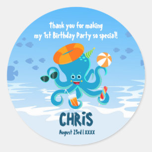 Blue Octopus Under the Sea Boy Birthday Party Classic Round Sticker