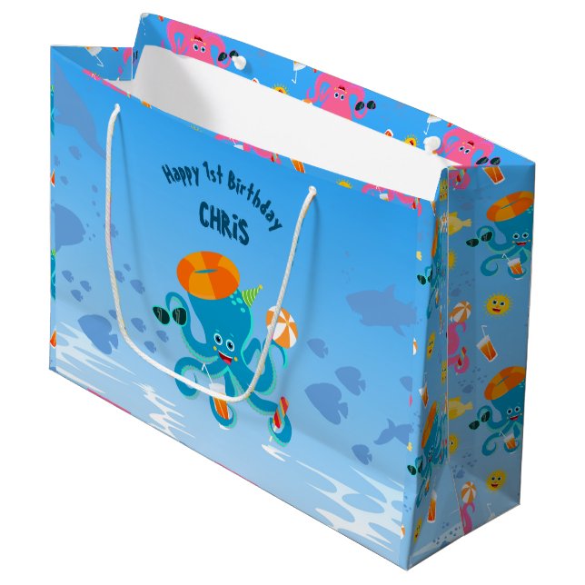  Blue Octopus Under the Sea Boy Birthday Party Large Gift Bag (Front Angled)