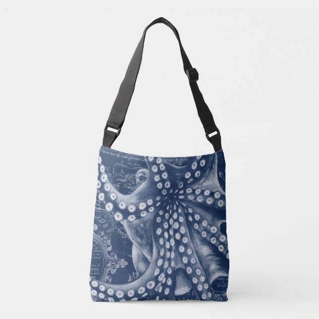 Blue Octopus Vintage Map Chic Crossbody Bag (Front)