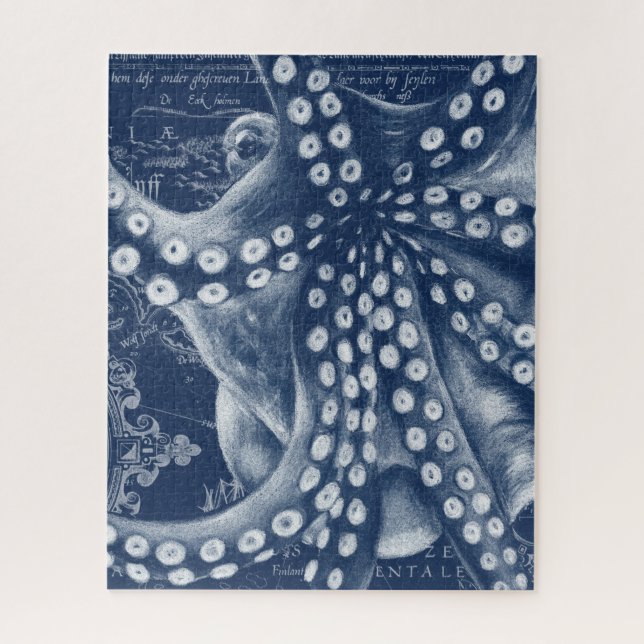 Blue Octopus Vintage Map Chic Jigsaw Puzzle (Vertical)