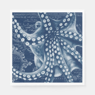Blue Octopus Vintage Map Chic Napkin