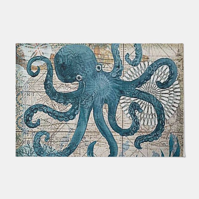 Blue Octopus Vintage Map Compass Bath Mat (Front)