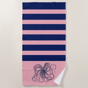 Blue octopus with pink and blue stripes beach towel