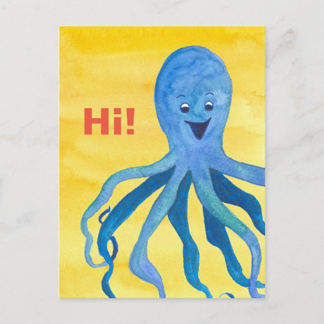 Blue Octopus Yellow Hello Postcard (Front)