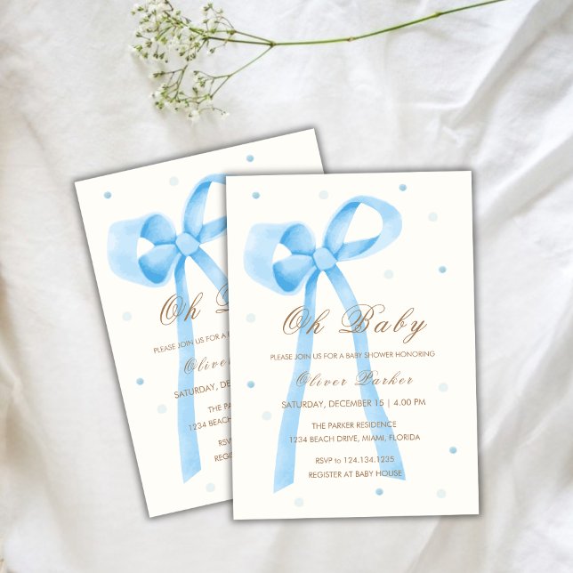 Blue Oh Baby Minimalist Polka Dot Bow Baby Shower Invitation (Blue Oh Baby Minimalist Polka Dot Bow Baby Shower Invitation)