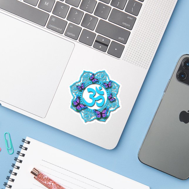 Blue ohm mandala design with purple butterflies (Laptop w/ iPhone)