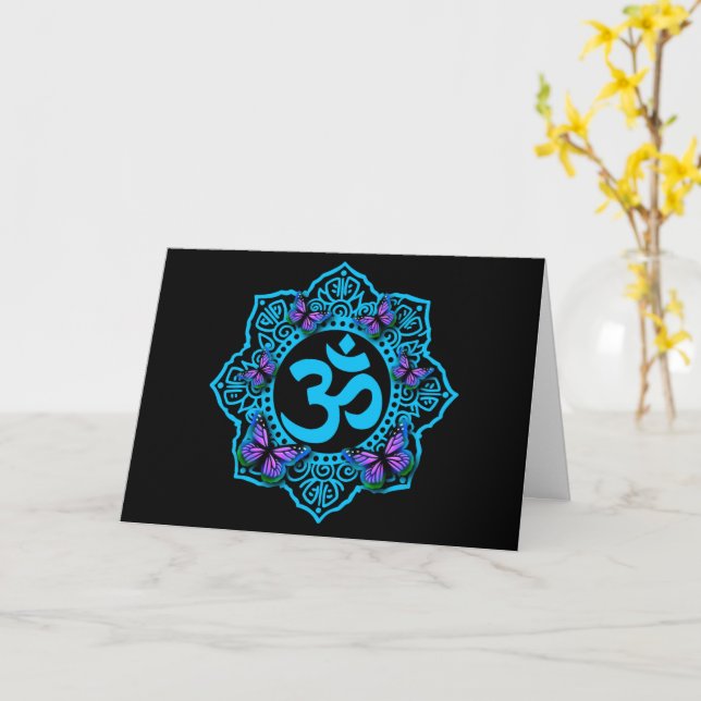 Blue ohm mandala design with purple butterflies card (Yellow Flower)
