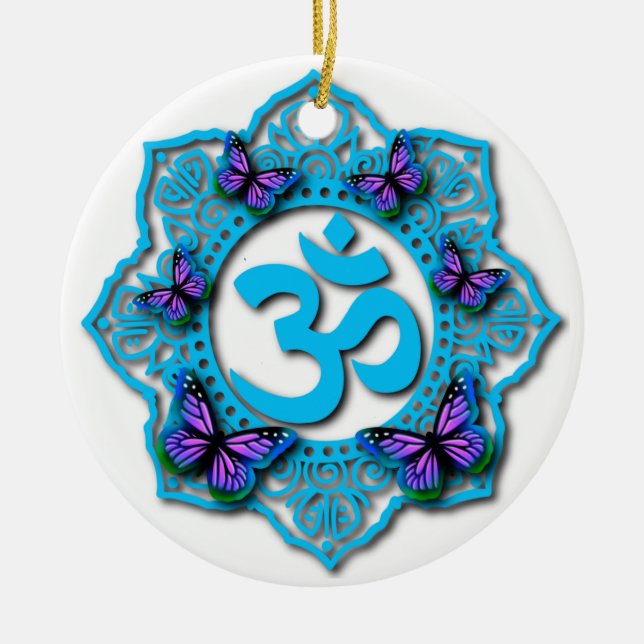 Blue ohm mandala design with purple butterflies ceramic ornament (Front)
