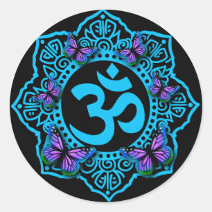 Blue ohm mandala design with purple butterflies classic round sticker