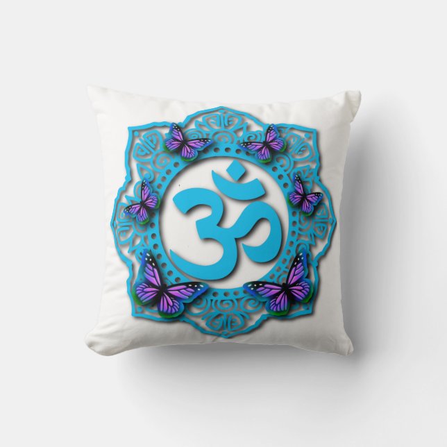 Blue ohm mandala design with purple butterflies throw pillow (Front)