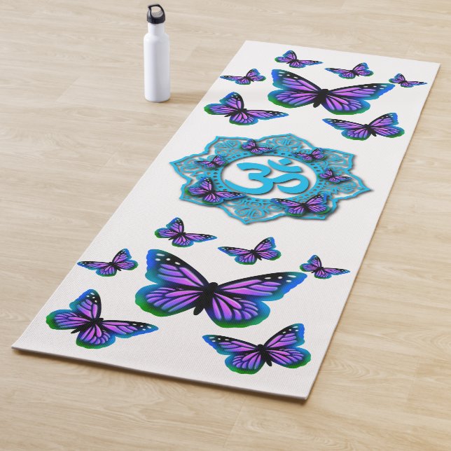 Blue ohm mandala design with purple butterflies yoga mat (In Situ)
