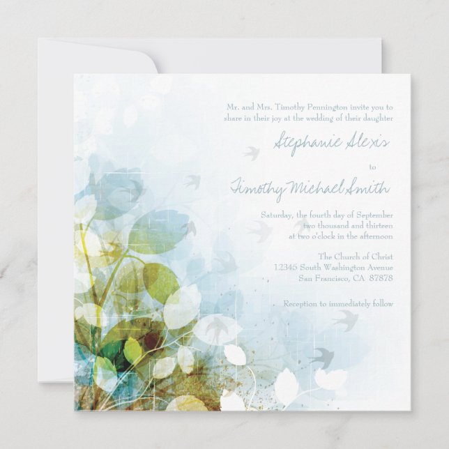 Blue olive green foliage birds wedding invitation (Front)
