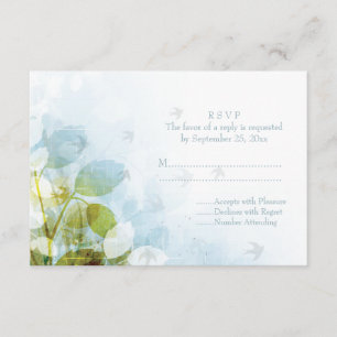 Blue olive green foliage birds wedding RSVP card