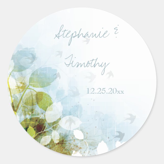 Blue olive green foliage birds wedding stickers (Front)