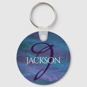Blue Ombre Abstract   Teal Violet Purple Monogram Keychain