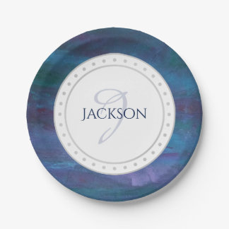 Blue Ombre Abstract | Teal Violet Purple Monogram Paper Plate