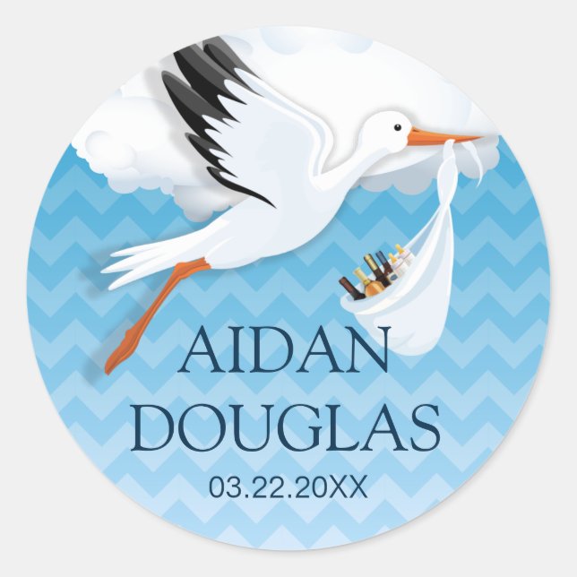 Blue Ombre Chevron Baby Name Classic Round Sticker (Front)