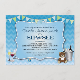 Blue Ombre Chevron Baby Sip and See Invitation
