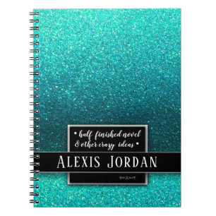 Blue Ombre Glitter Sparkles Black White Monogram Notebook