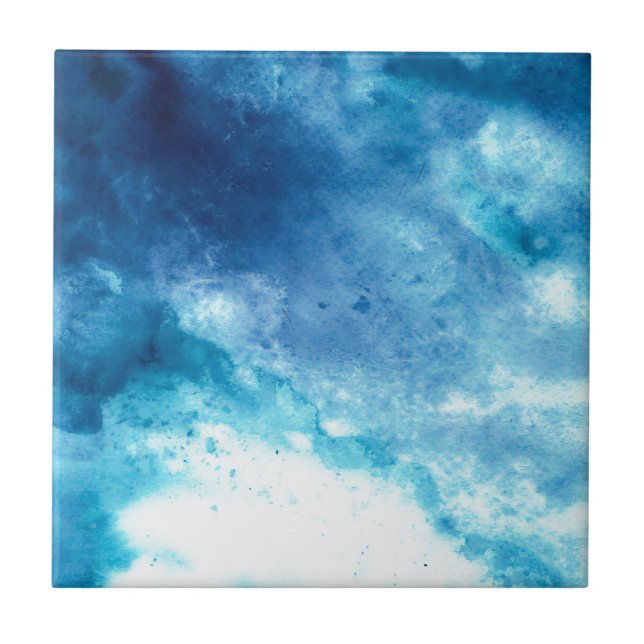 Blue Ombre Inkblot Splatter Watercolor Pattern Tile (Front)