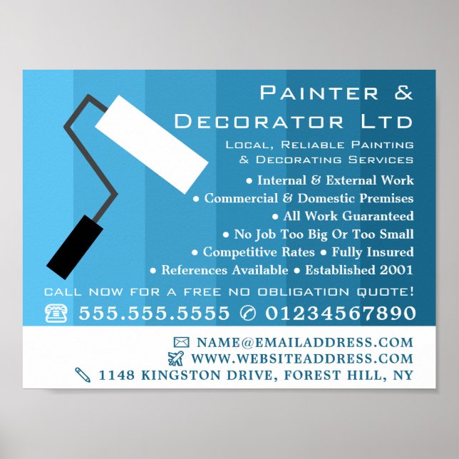 Blue Ombre & Paint Roller, Painter & Decorator Poster (Front)