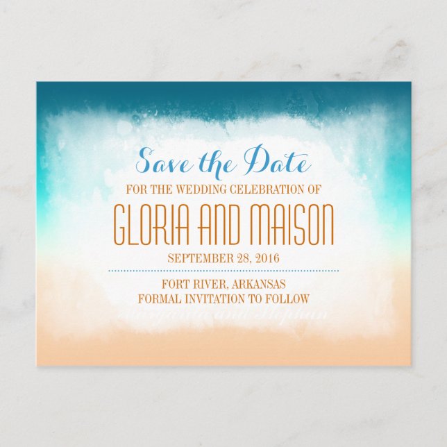 Blue ombre save the date postcards (Front)