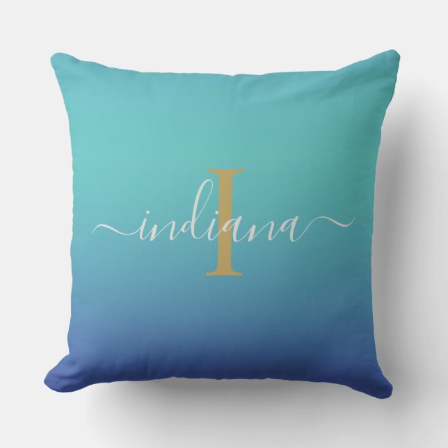 Blue Ombre Script Name Monogram Outdoor Pillow (Front)