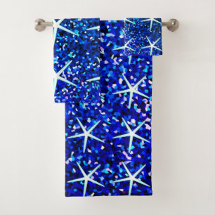 Blue Ombre Teal Sparkle Glittery Starfish Patterns Bath Towel Set
