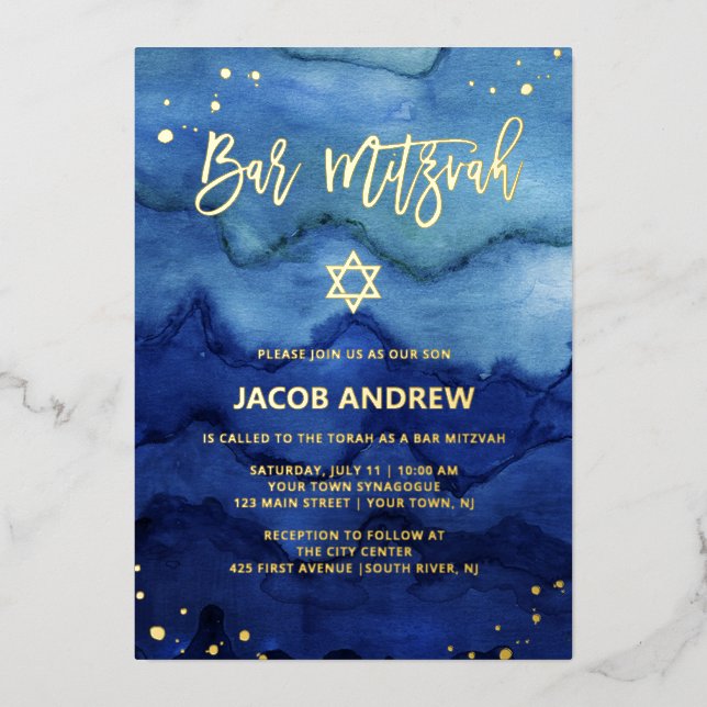 Blue Ombre Watercolor and Gold Bar Mitzvah (Front)