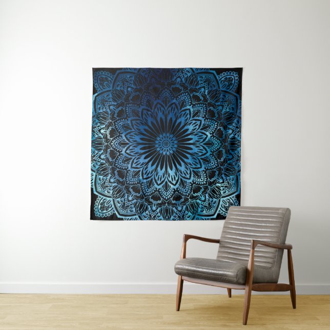 Blue Ombre Watercolor Mandala Tapestry (In Situ (Horizontal))