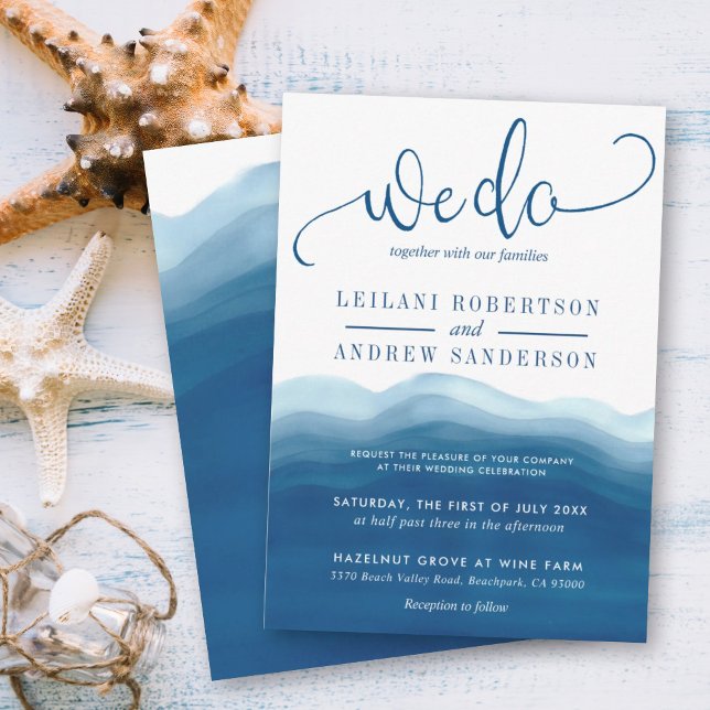 Blue Ombre Watercolor Wave We Do Wedding Invitation (We do hand lettered beach-inspired wedding invitation with a blue wave watercolor ombre background.)