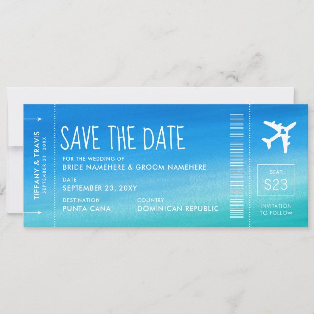 Blue Ombre Wedding Boarding Pass Save the Date Announcement (Front)