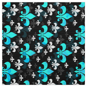 Blue On Black Fleur De Lis Fabric