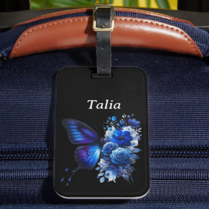 Blue on Black Floral Butterfly Personalized Luggage Tag