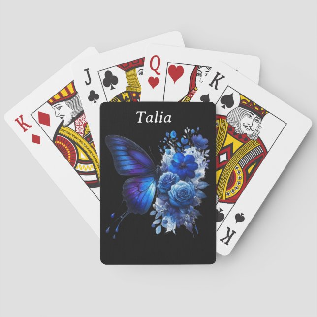 Blue on Black Floral Butterfly Personalized Playing Cards (Back)