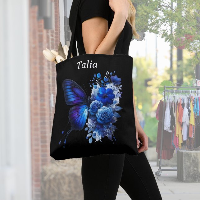 Blue on Black Floral Butterfly Personalized Tote Bag (Creator Uploaded)