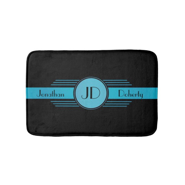 Blue on Black Monogram Art Deco Bath Mat (Front)