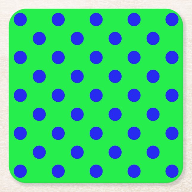 Blue On Green Polka Dots Pattern Design  Square Paper Coaster (Front)