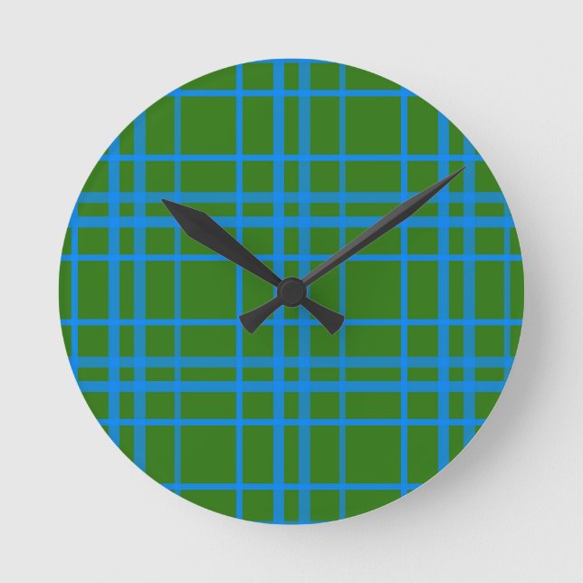 Blue On Green Tartan Plaid Pattern Design  Round Clock (Front)