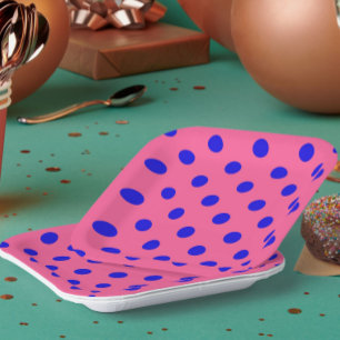 Blue On Pink Polka Dots Pattern Design Paper Plate