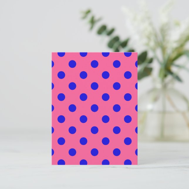 Blue On Pink Polka Dots Pattern Design Postcard (Standing Front)
