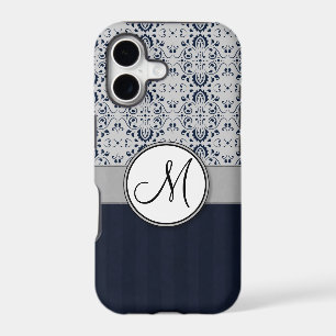 Blue on Silver Damask w Navy Stripes and Monogram