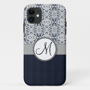 Blue on Silver Damask w Navy Stripes and Monogram iPhone 11 Case