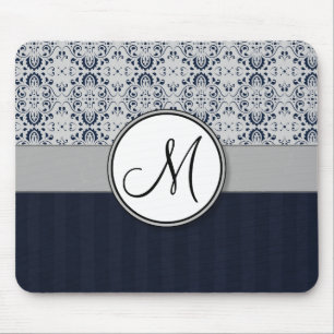 Blue on Silver Damask w Navy Stripes and Monogram Mouse Pad