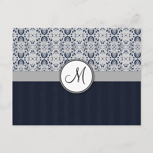 Blue on Silver Damask w Navy Stripes and Monogram Postcard (Front)