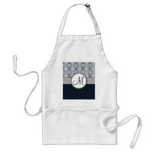Blue on Silver Damask w Navy Stripes and Monogram Standard Apron